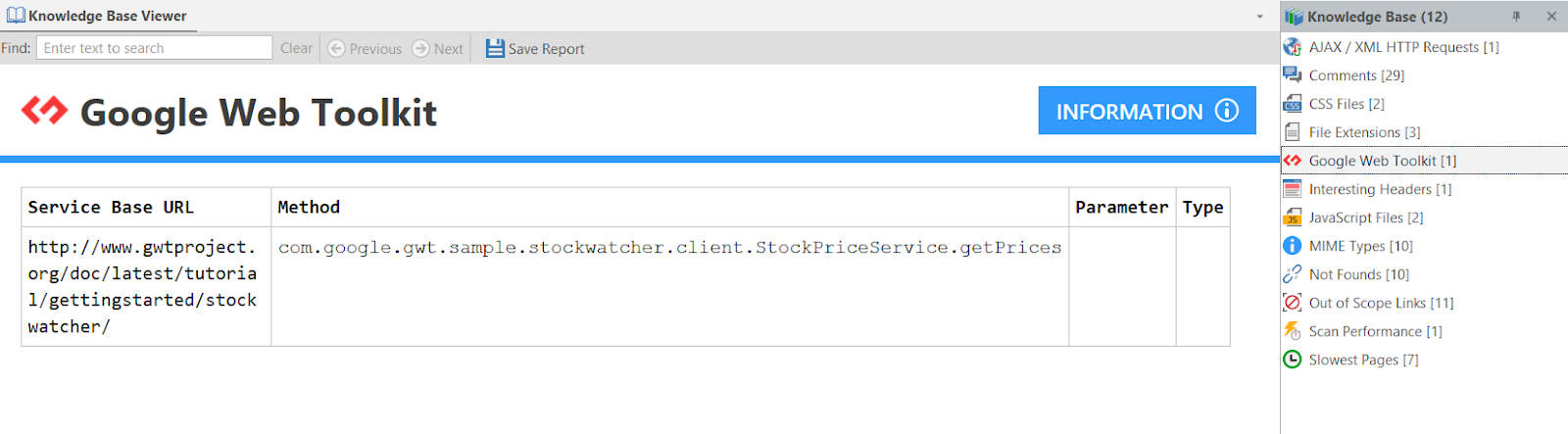 Google Web Toolkit information displayed in Knowledge Base Viewer showing GWT-RPC details and parameters