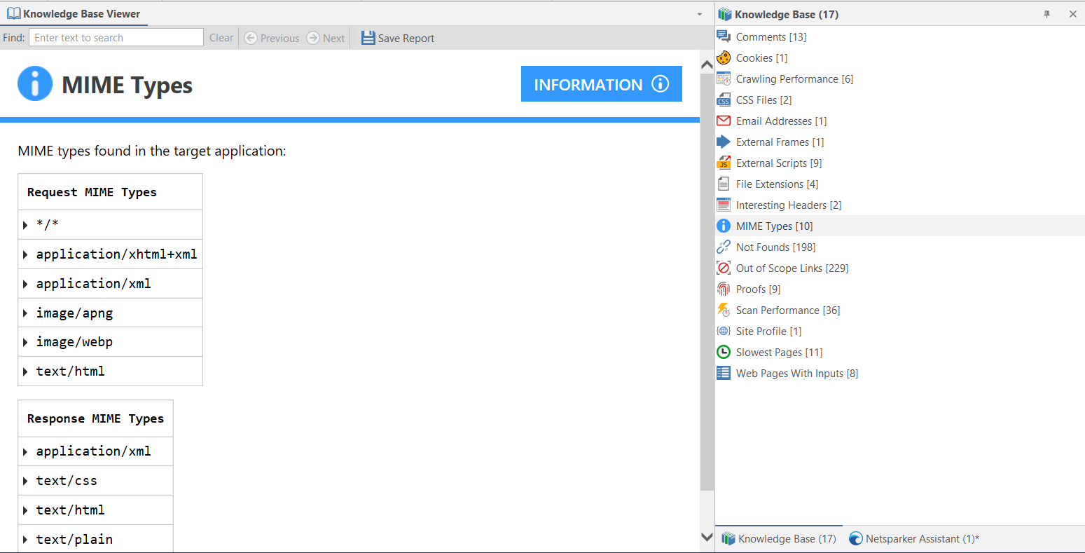 MIME Types information displayed in Knowledge Base Viewer showing file types and content type details