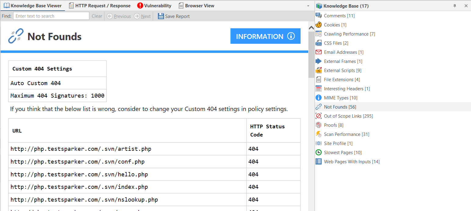 Not Founds information displayed in Knowledge Base Viewer showing 404 error details and unreachable URLs