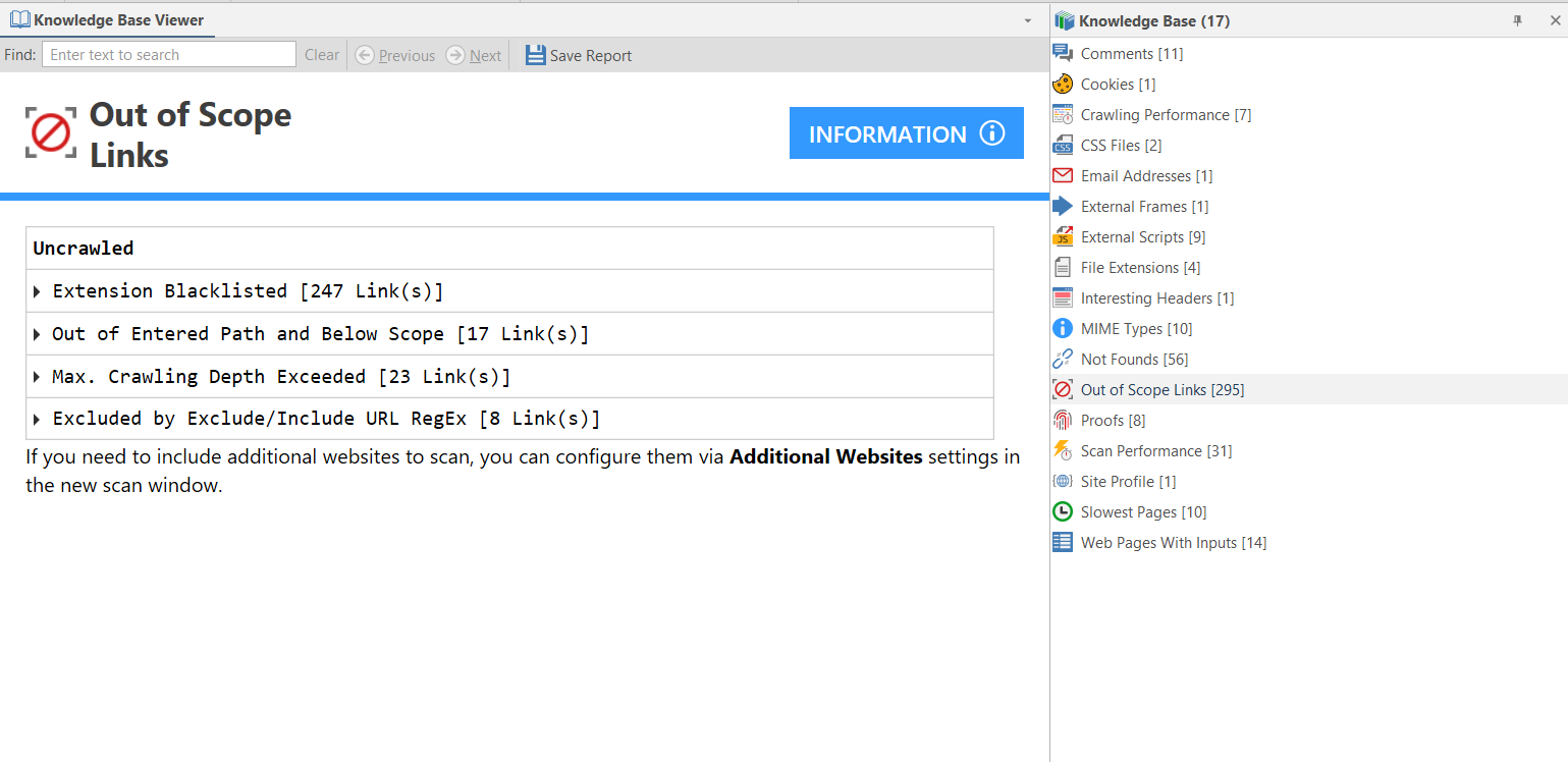 Out of Scope Links displayed in Knowledge Base Viewer showing excluded URLs and exclusion reasons