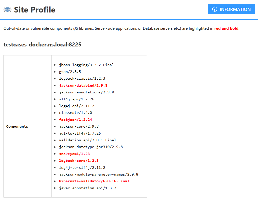 Site Profile information displayed in Knowledge Base Viewer showing detected technologies and versions