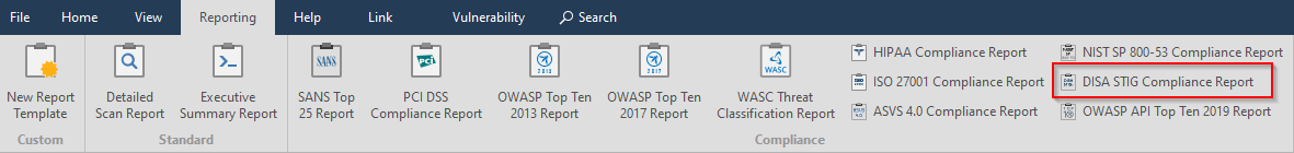 Reporting tab with DISA STIG Compliance Report option.