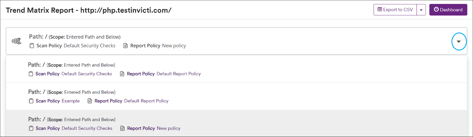 Trend Matrix Report severity and scan group filters.