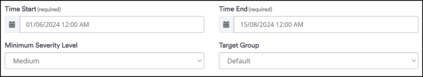 Vulnerabilities List report configuration showing time period, severity level, and target group selection