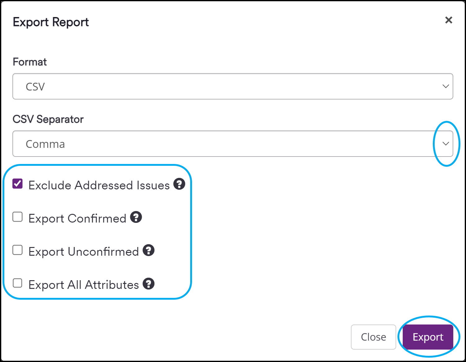 Final export step for vulnerabilities list report with Export button to generate CSV file