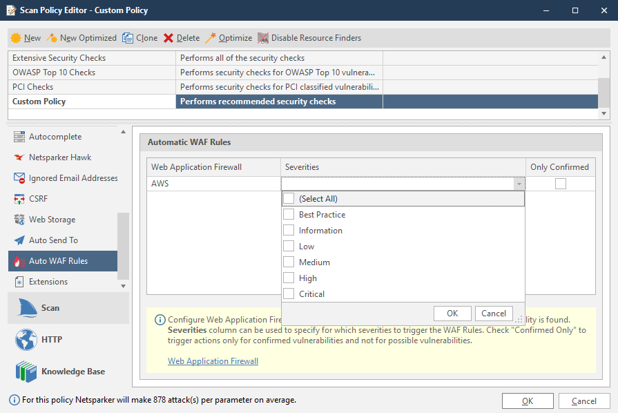 Configuring auto WAF rules in Invicti Standard.