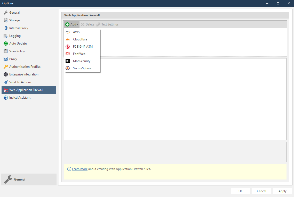 WAF file export configuration in Invicti Standard.