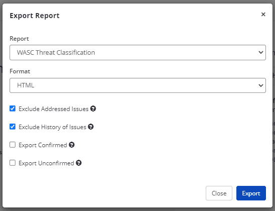 WASC Threat Classification report dropdown