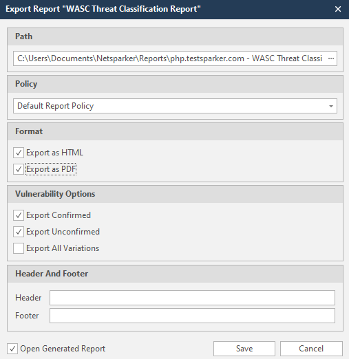 Export report dialog in Invicti Standard