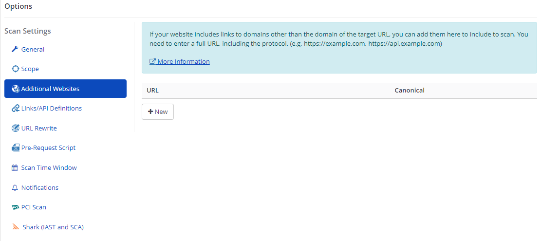 Additional Websites tab in Invicti Enterprise