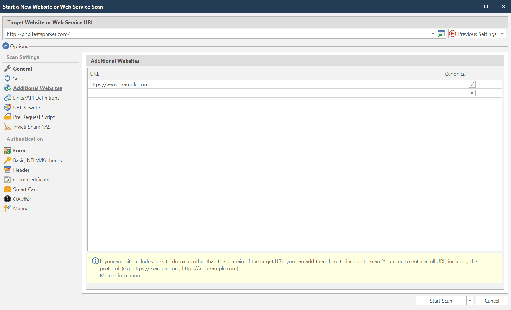 Additional Websites in Invicti Standard