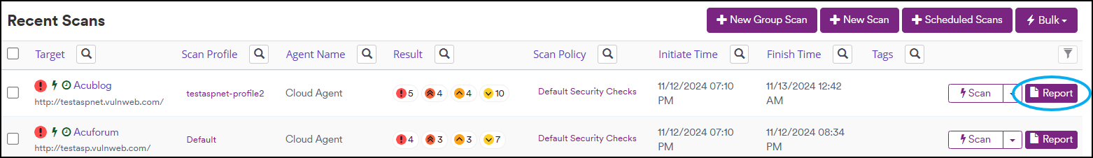 Recent Scans page with Report button.