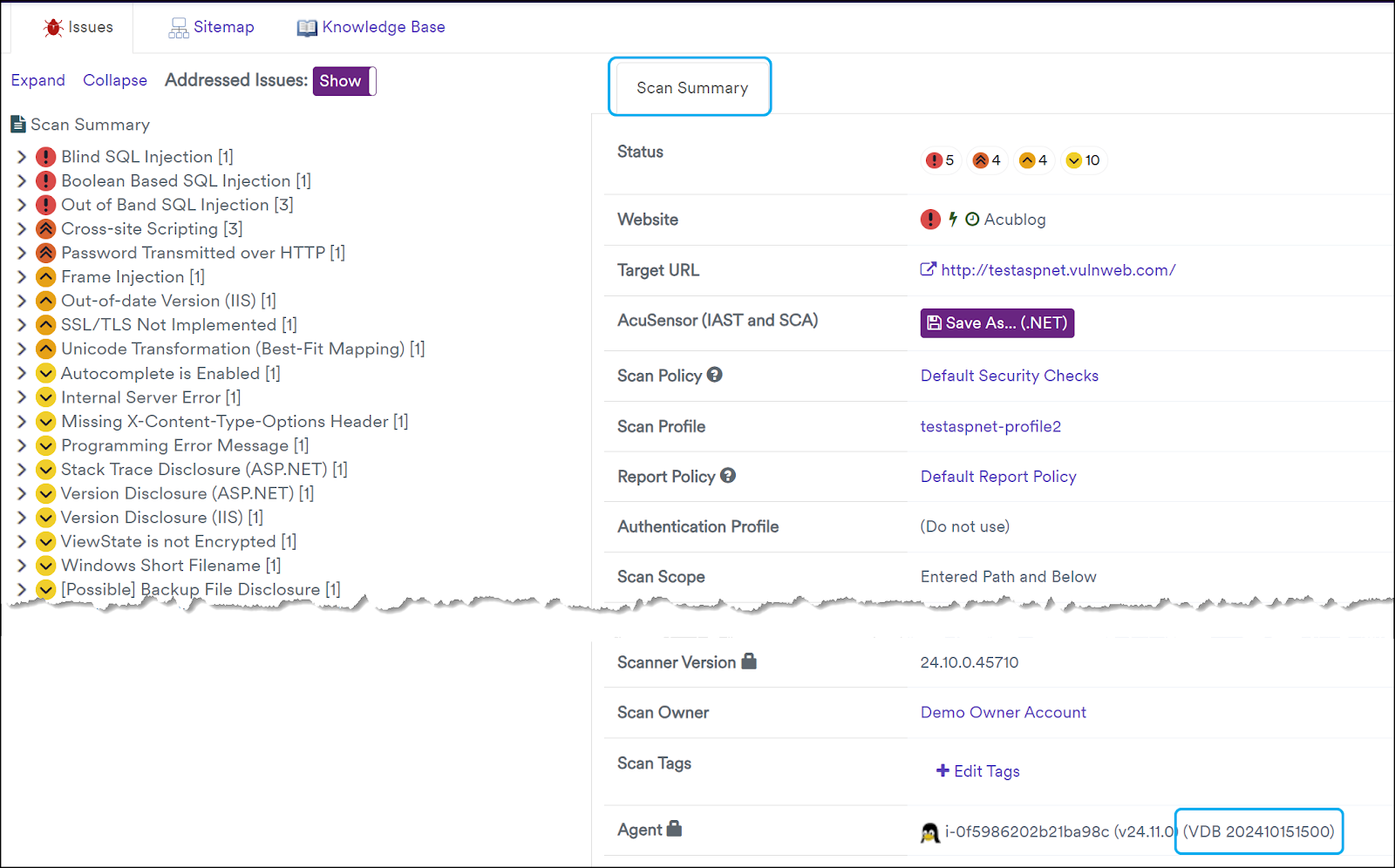Technical Report section showing VDB version in Agent field.