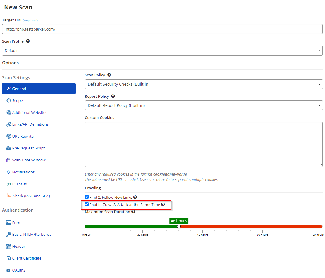 Crawl and Attack Same Time Settings in Enterprise