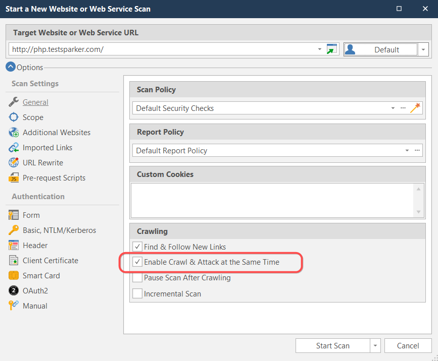 Crawl and Attack Same Time Settings in Standard