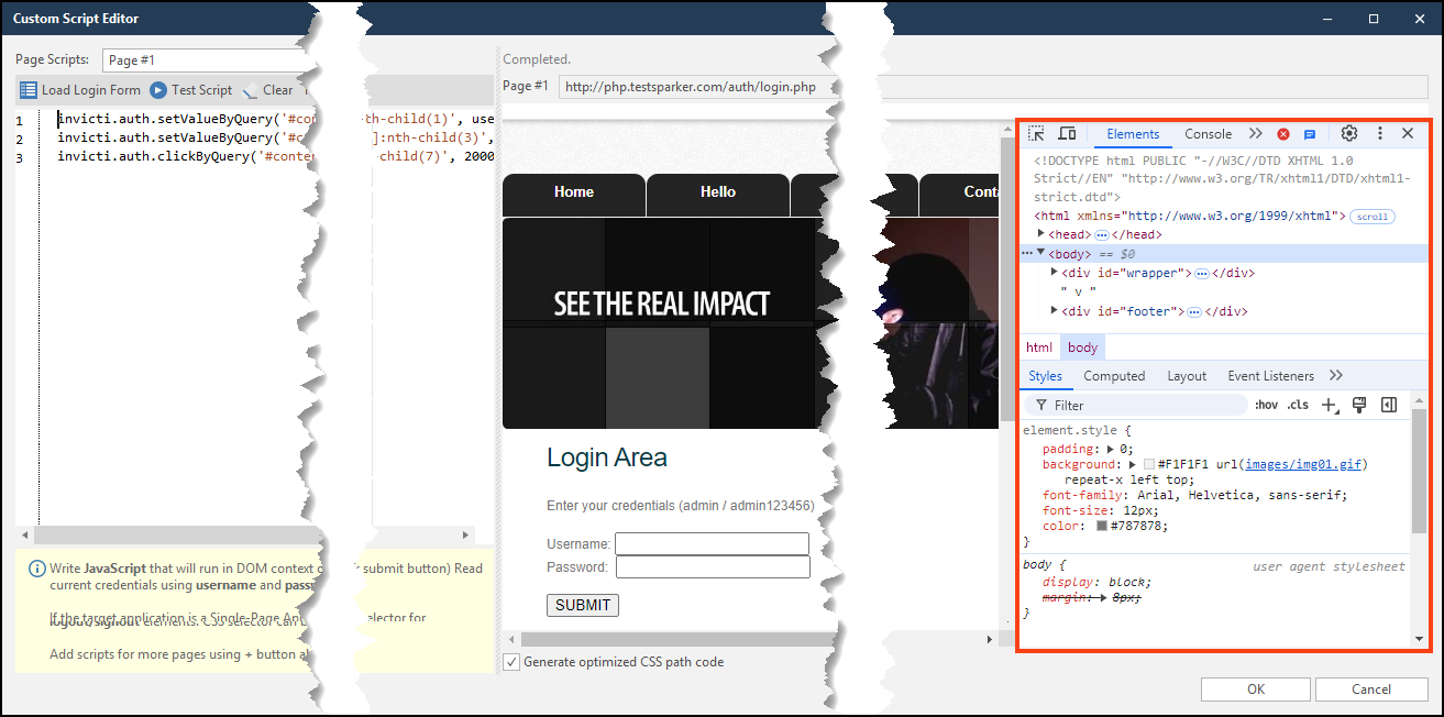 Developer tools panel with Elements, Network, and Console tabs