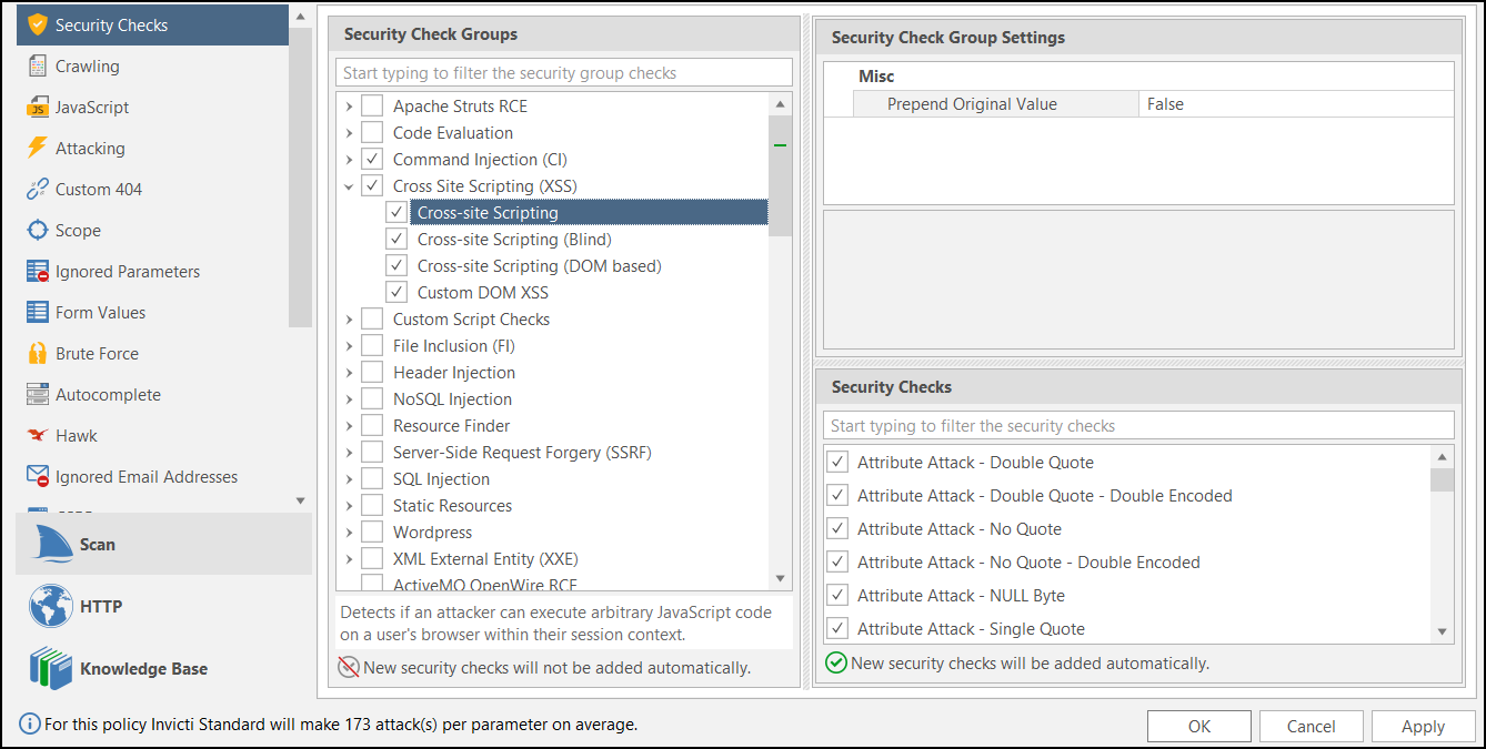 Select security check groups for custom policy.