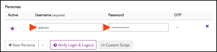 Personas section with username and password