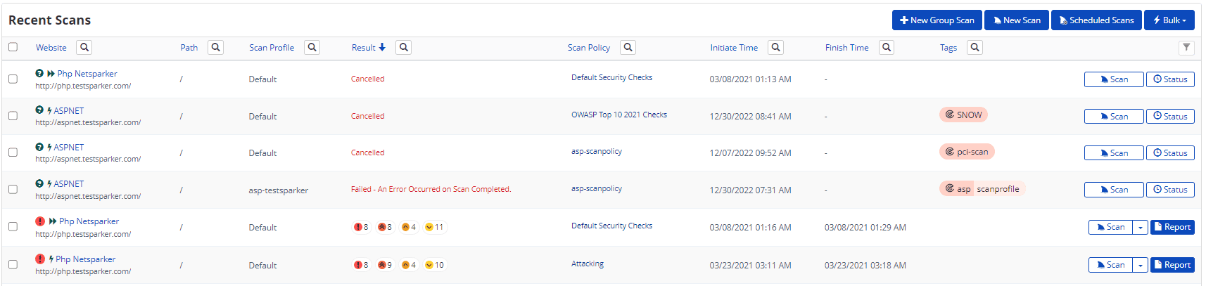 Error messages in Result column