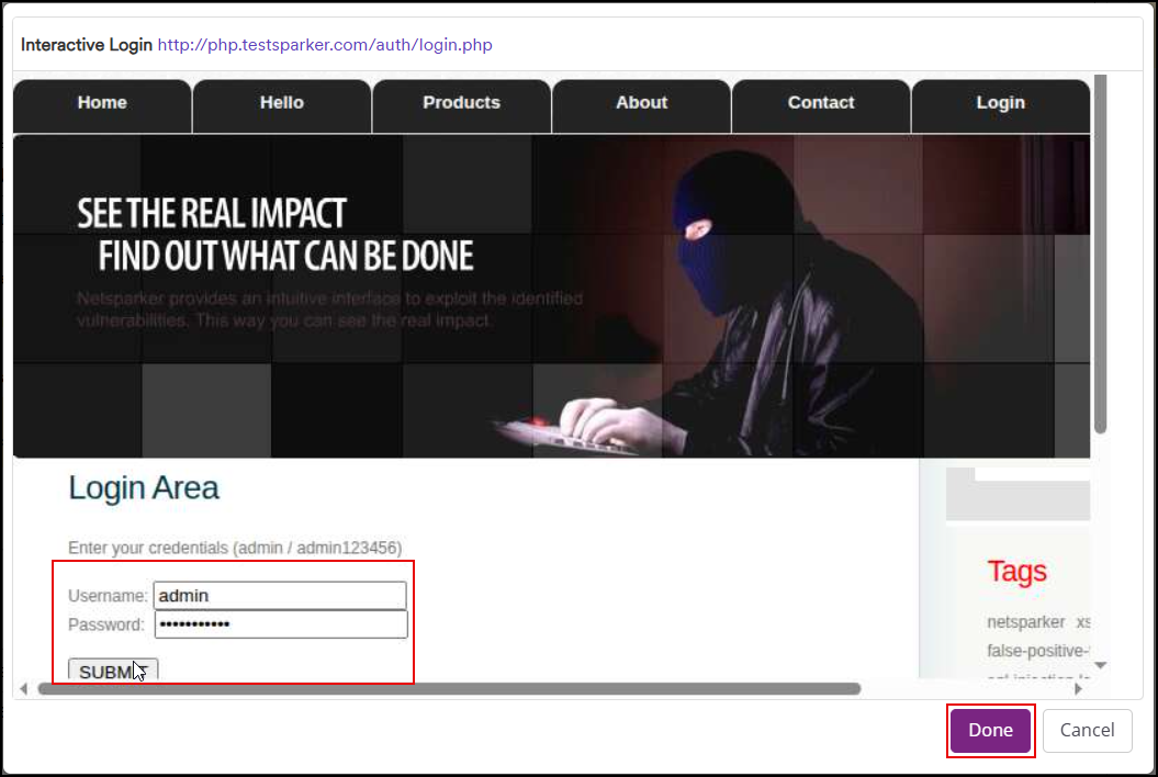 Interactive browser window showing the login page with credentials pre-filled, waiting for the user to complete manual sign-in steps