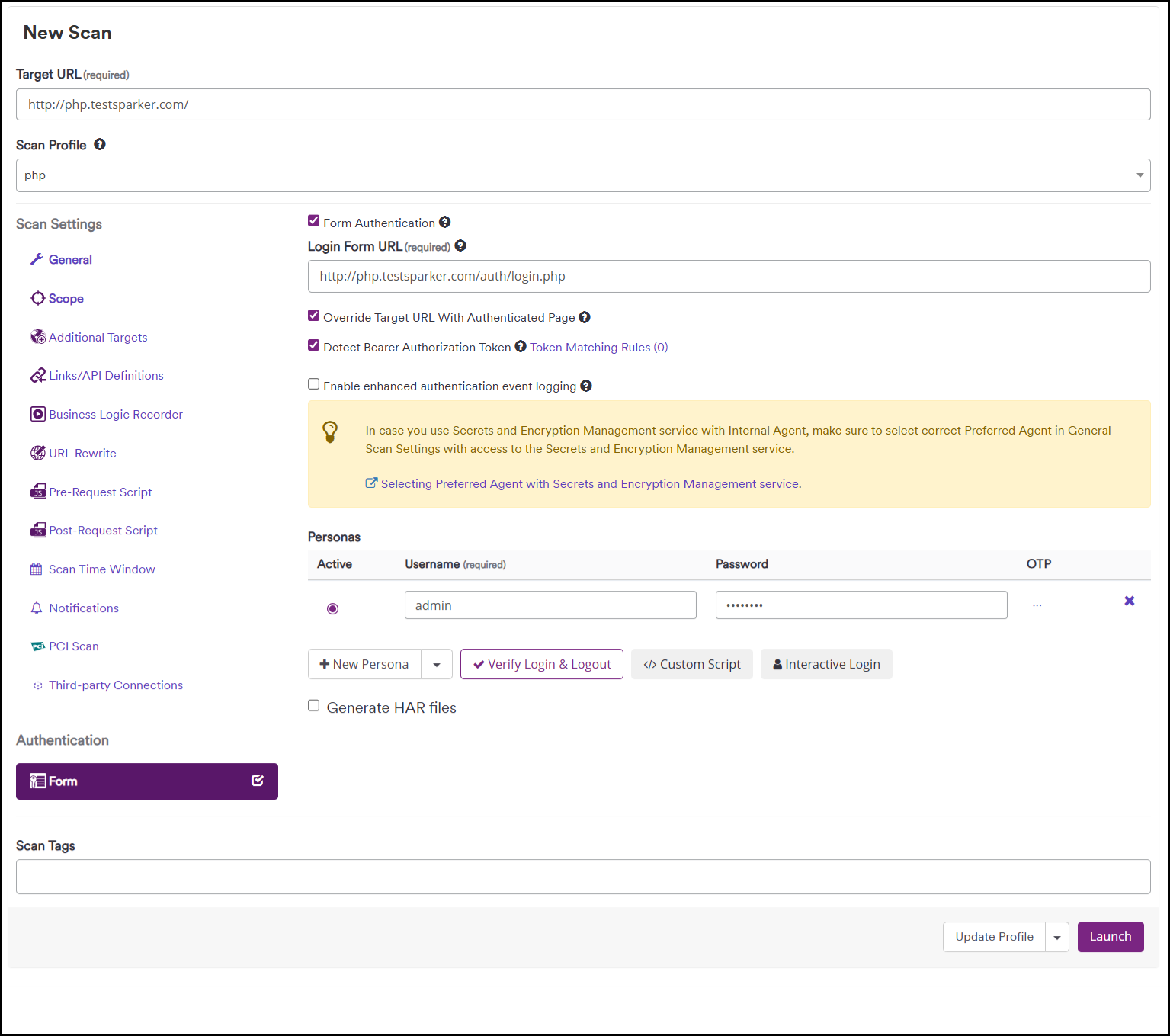 Form Authentication settings showing the Interactive Login button alongside Verify Login and Logout and Custom Script options