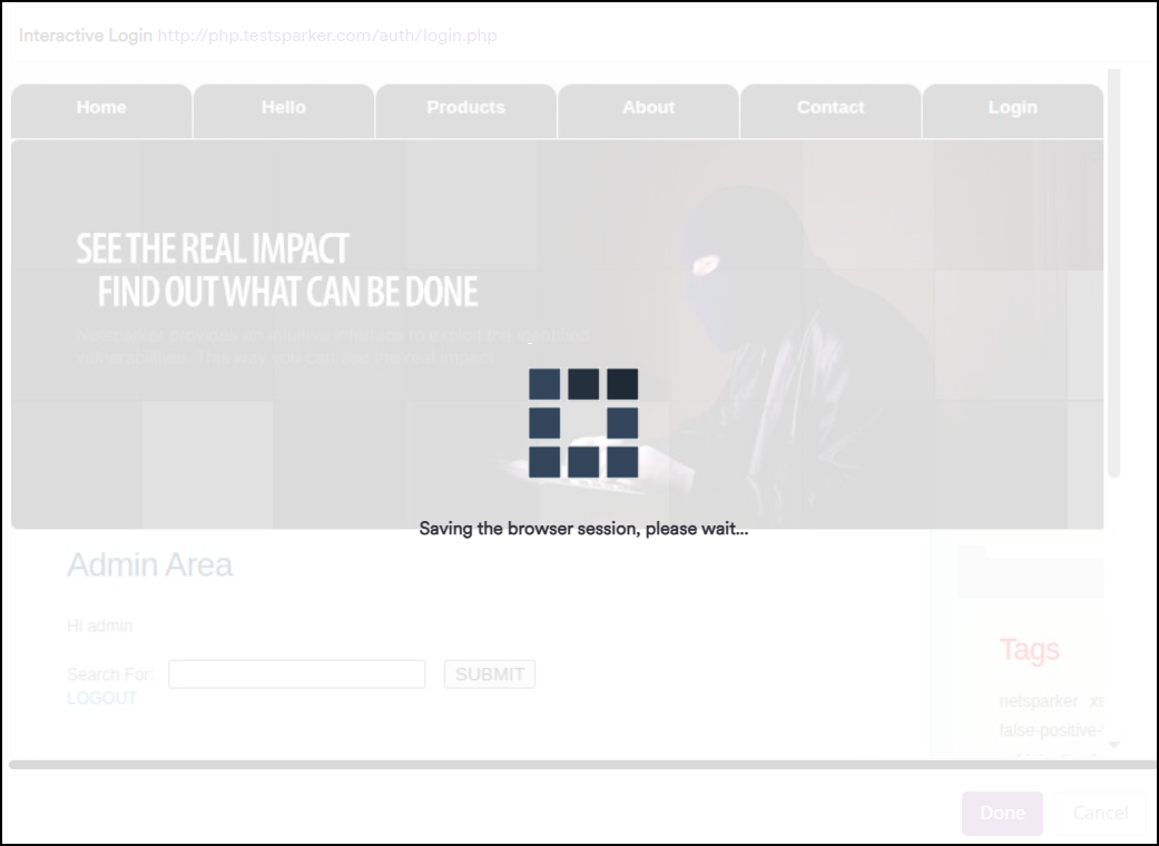 Interactive browser window showing the authenticated Admin Area with a saving the browser session loading overlay