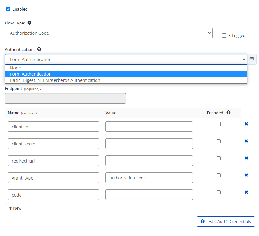 Authentication dropdown.