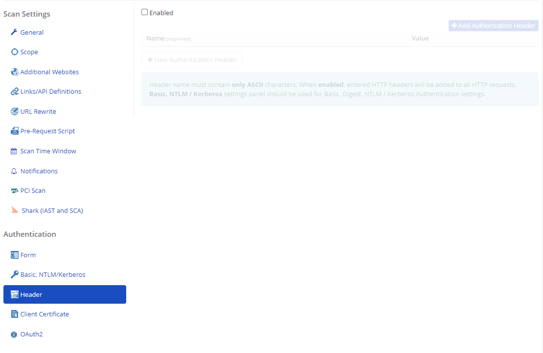 Header Authentication section.