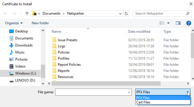Certificate to Install dialog.