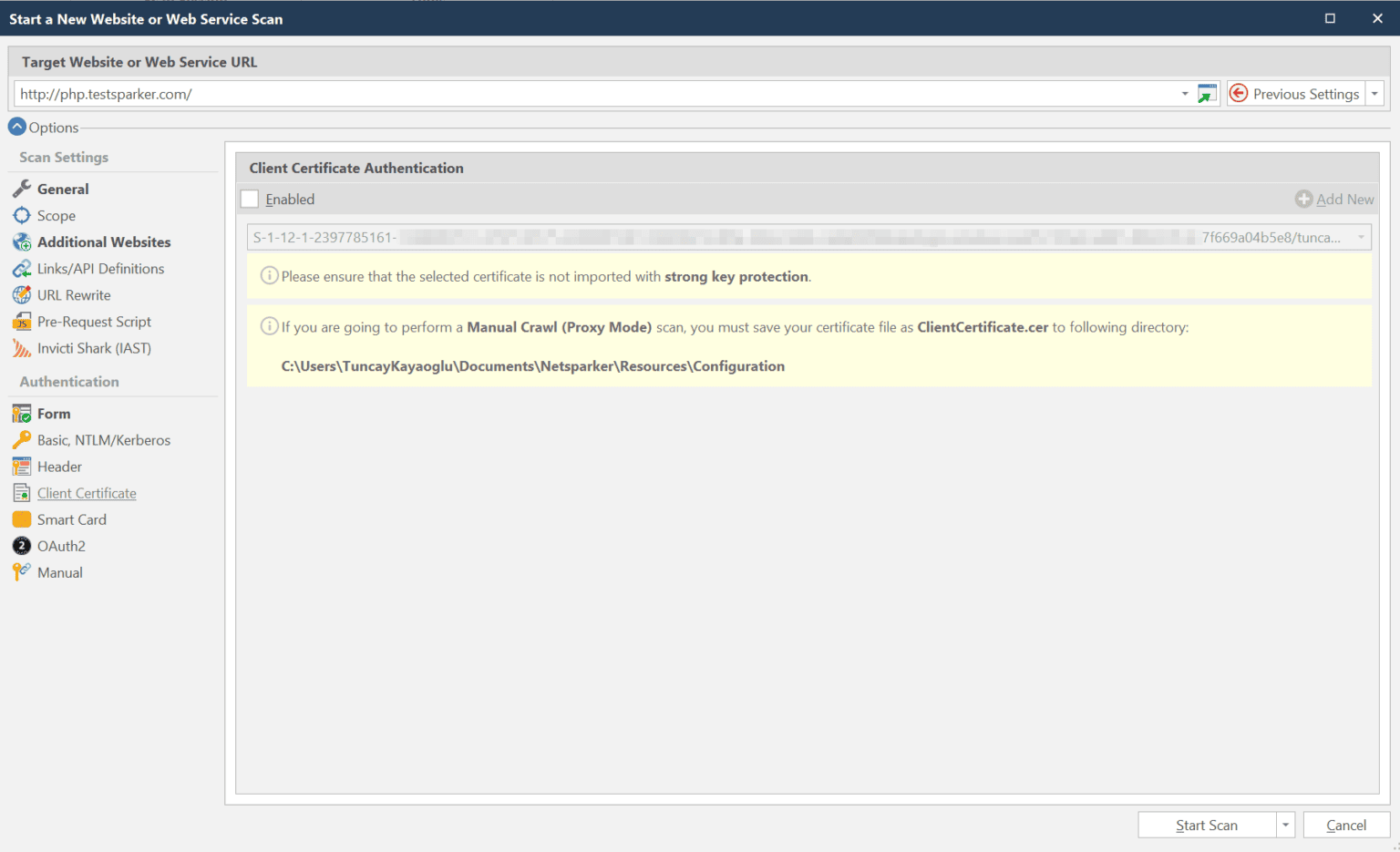 Client Certificate Authentication section.