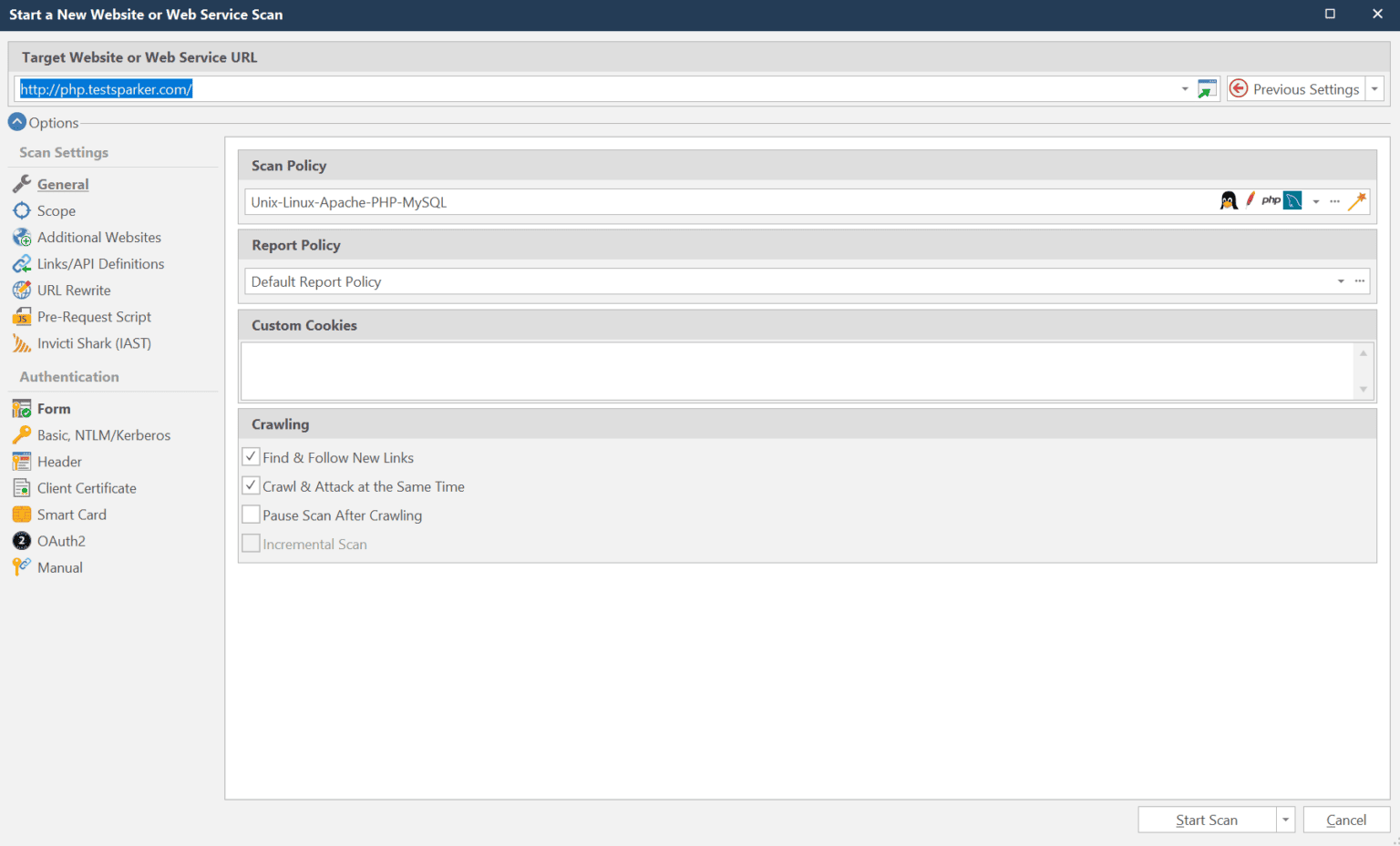 Start a New Website or Web Service Scan dialog.