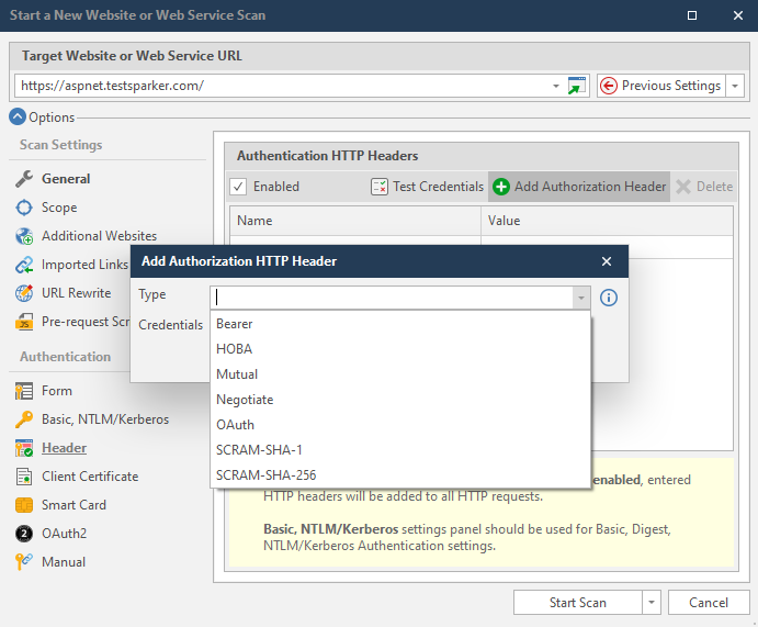 Select Type dropdown in Invicti Standard.