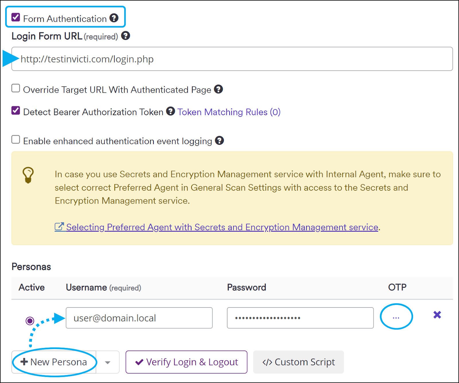 OTP configuration in personas section