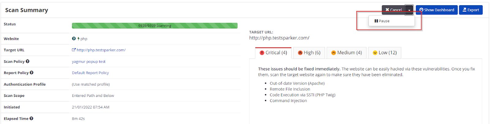 Pause option in Cancel dropdown.