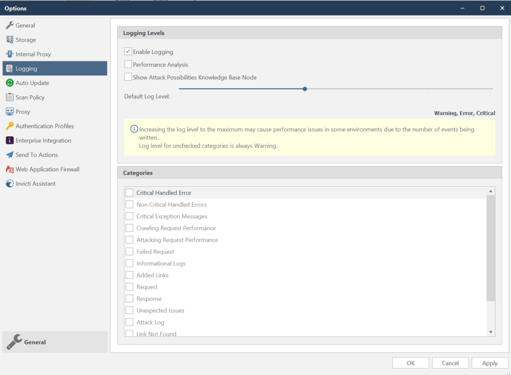 Logging Levels in Options dialog
