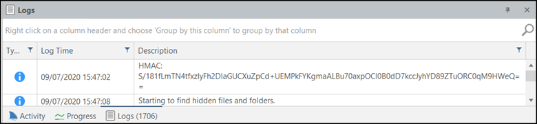 Logs panel showing debug output