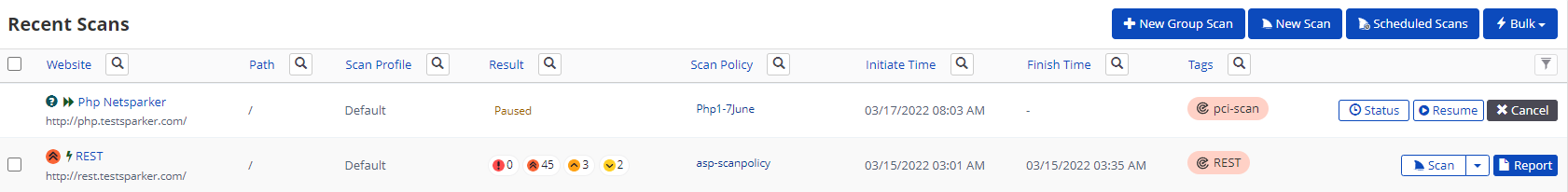 Recent Scans page in Invicti Enterprise