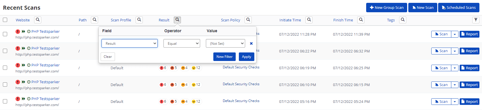 Recent Scans page in Invicti Enterprise