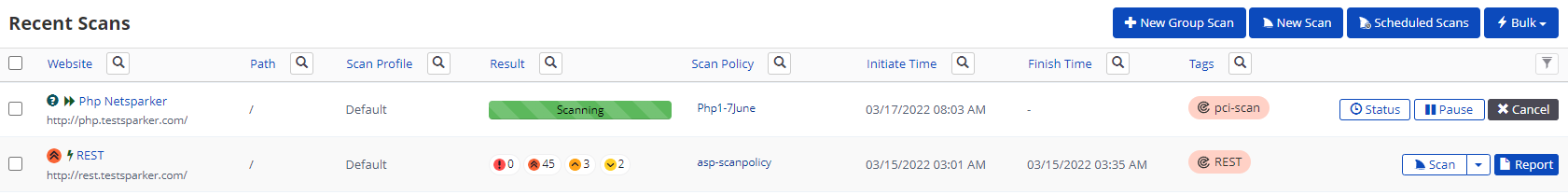 Recent Scans page in Invicti Enterprise
