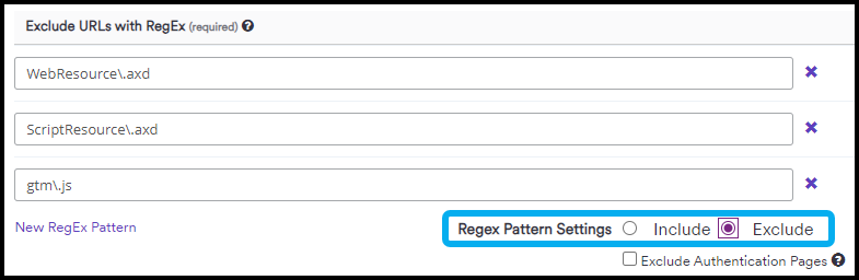 New RegEx Pattern in Exclude URLs with RegEx section.
