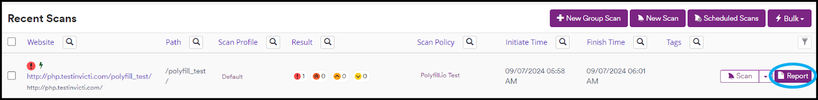 Select Report from Recent Scans.
