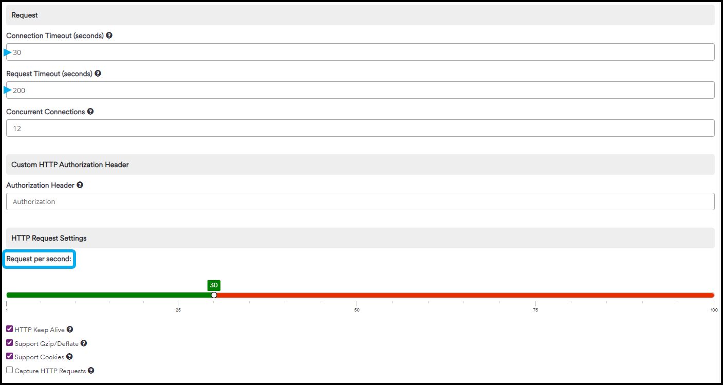 Connection Timeout and Request Timeout fields.
