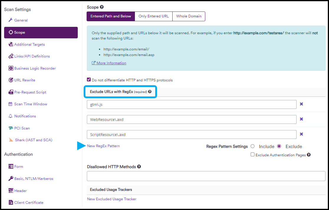 New RegEx Pattern in Exclude URLs with RegEx section.