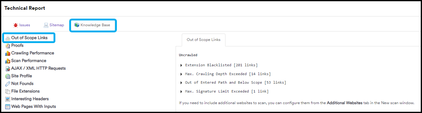 Knowledge Base tab with Out Of Scope Links selected.