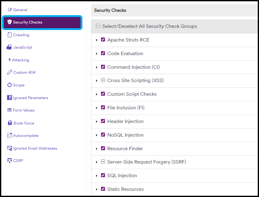 Scan Policy with Security Checks section.