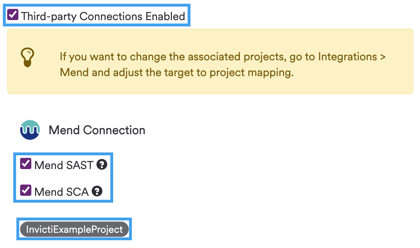Enable Third-party Connections and select Mend SAST and SCA.