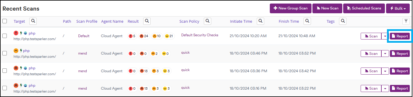 Recent Scans page with Report button.