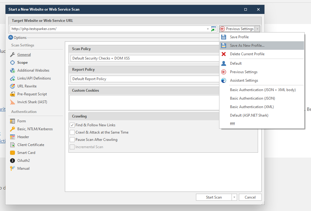 Scan profile dropdown menu.