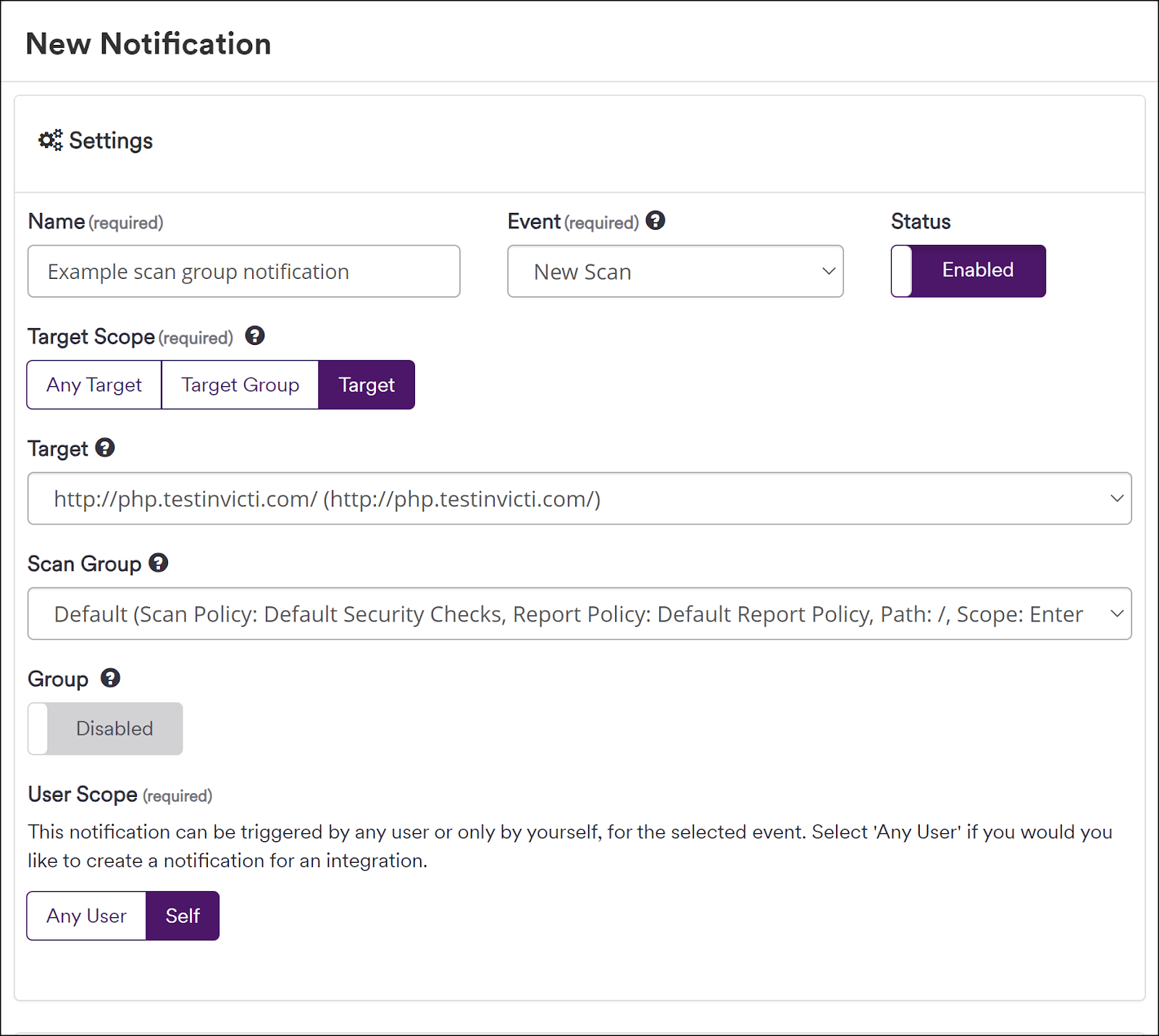 Notification settings with scan group selection.