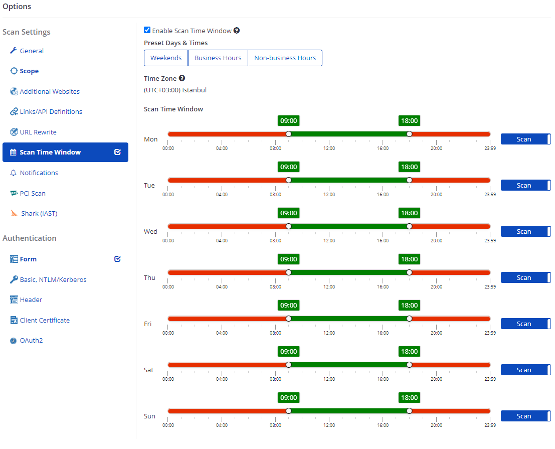 Scan Time Window tab